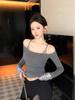 Grey One-Shoulder Sequin Patchwork Long Sleeve T-Shirt for Women - Autumn/Winter Slim Fit