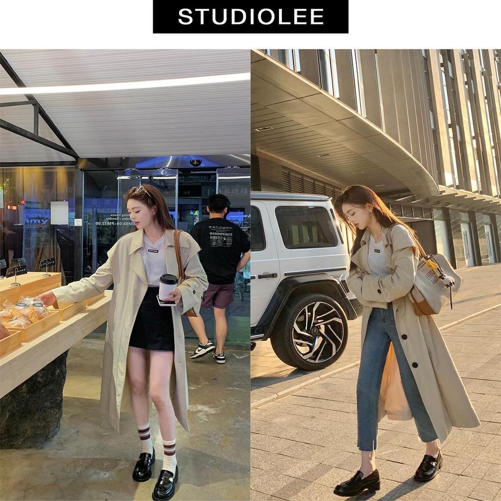 Studiolee new leather versatile round head gold buckle one pedal thick heel loafer small leather shoes women's autumn