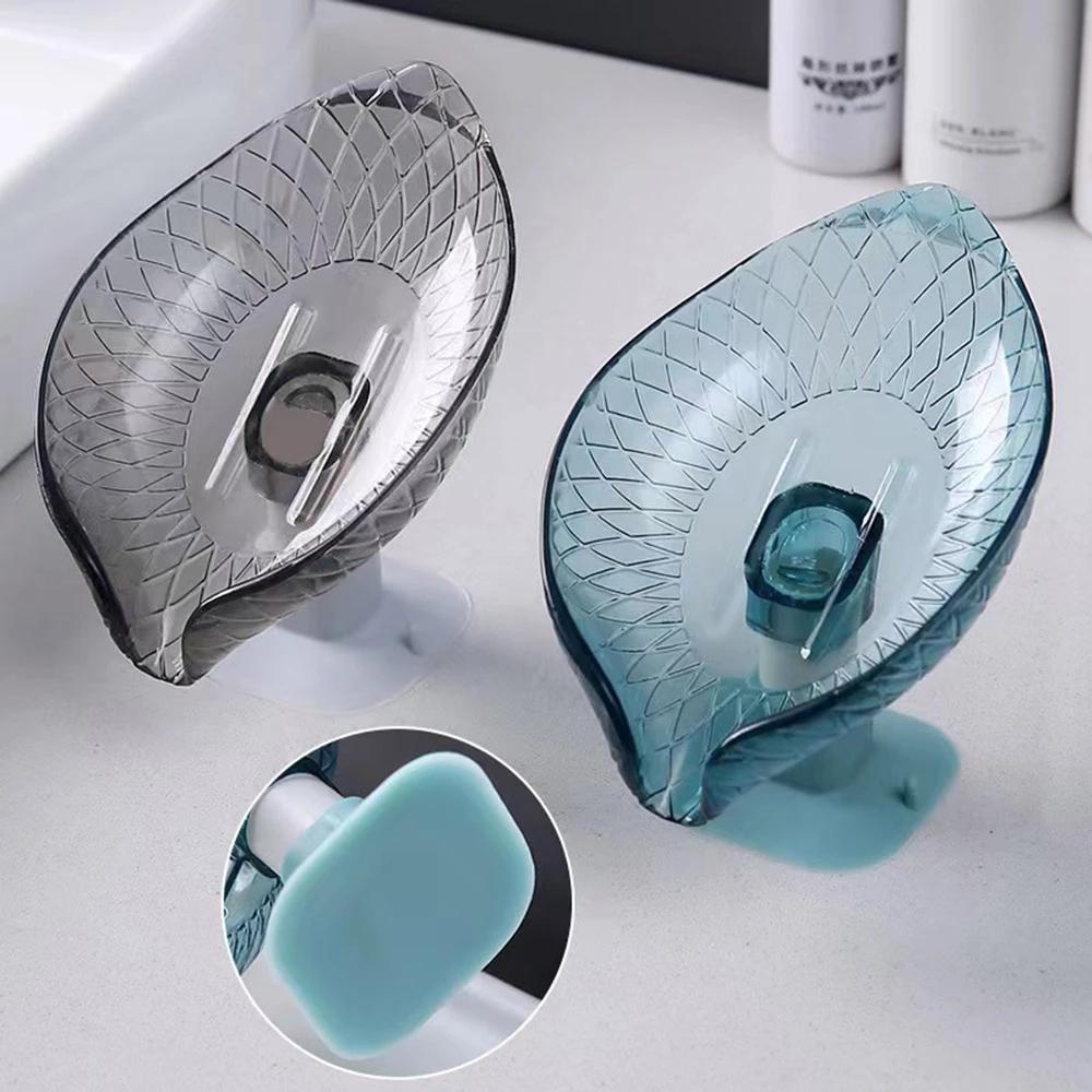 Leaf Design Drain Soap Box With Suction Cup Decorative Plastic Self Draining Bathroom Soap Tray Bathroom Organizers Storage