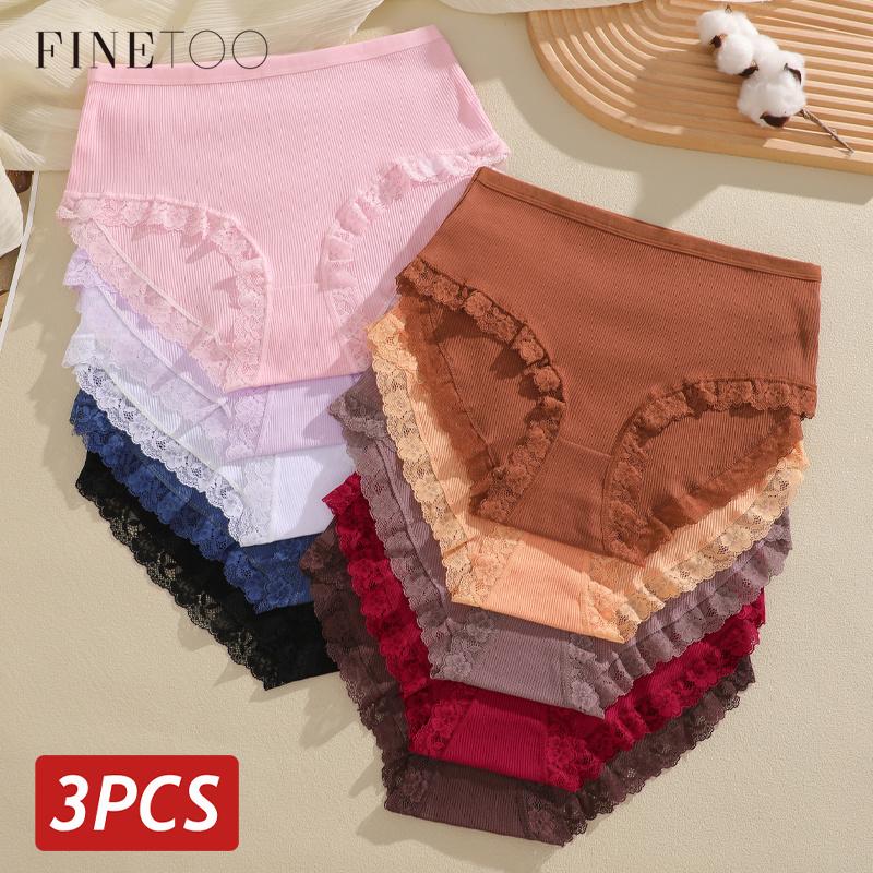 FINETOO 3Pcs/Set Women's Cotton Patchwork Lace Underwear Solid Color High Rise Ribbed Underpants Soft Breathable Panties Female Lingerie