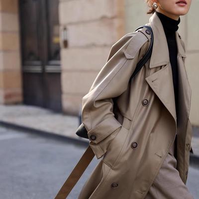 Women's Double-Breasted Mid-Length Trench Coat with Lapel and Three-Dimensional Silhouette