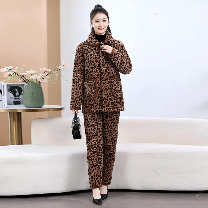 Padded Jacket, Coat, Fashion Home Jacket, Women's Coat, Plus Velvet Thickened Overalls, Leopard-print Padded Coat, Cotton Trousers Suit