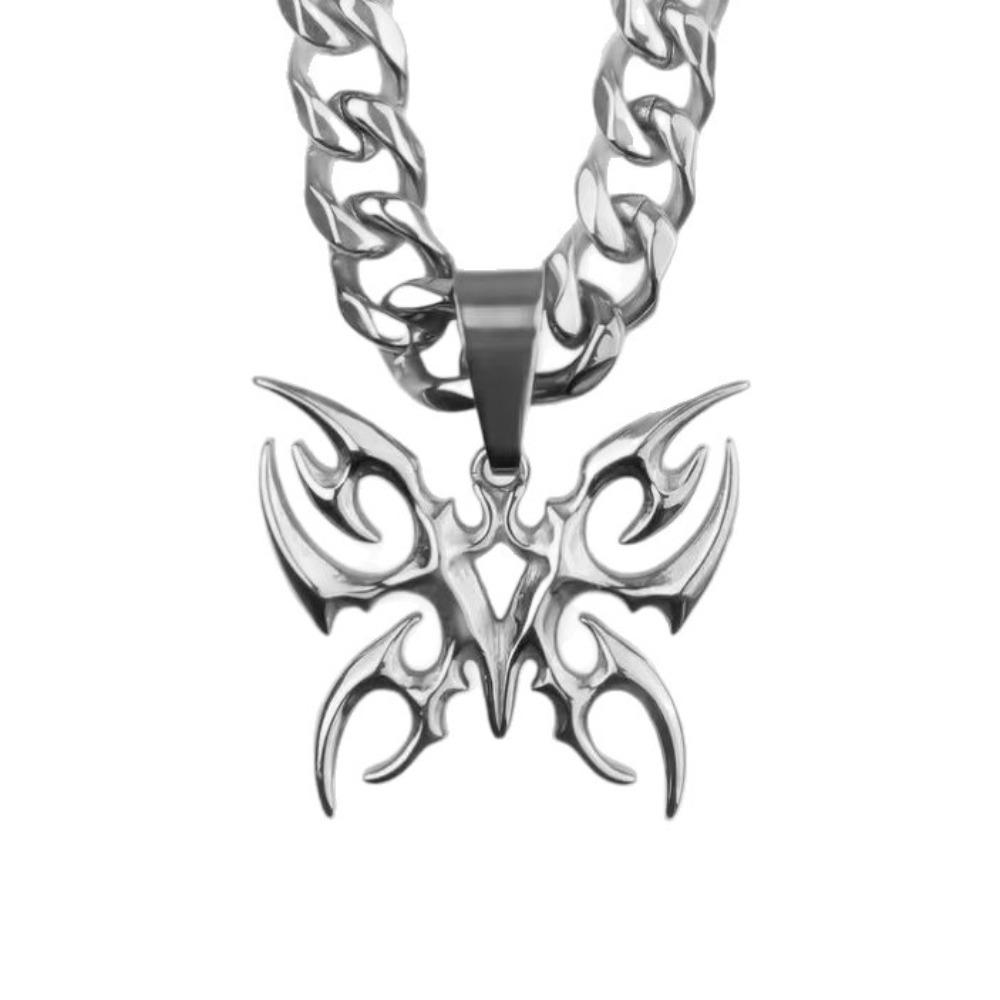 Gothic Tribal Sliver Color Butterfly Pendant Stainless Steel Cuban Chain Necklace for Men Women Cyberpunk Alternative Jewelry
