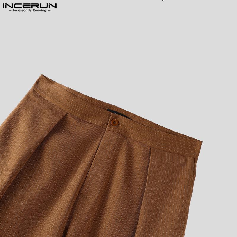 INCERUN Men Casual Loose Zip-up Waist Striped Baggy Wide Legs Pants Long Trousers