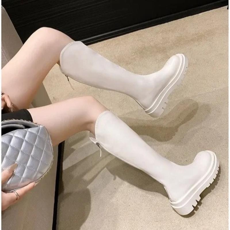 Fashion Elastic High-Cut Boots Women's Spring Autumn round Toe Thick Heel Knight Style Knee-High Boots Comfortable Breathable Leather