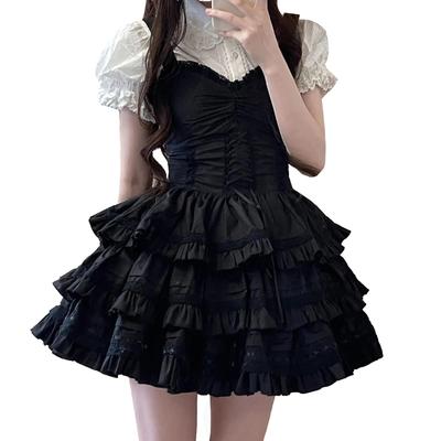 LAVASEON Lace Dress Cute Top and Bottom Frilled Ribbon and Suspender Mini Lolita Princess Mori Girl Beautiful Black Women's 2-Piece Set, Set, Shirt,