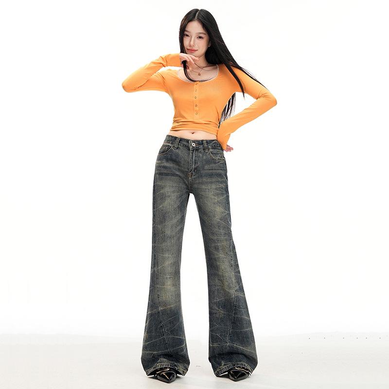 Damskor med hög midja, retro utsvängda jeans: Lös passform, golvlang hovformad design