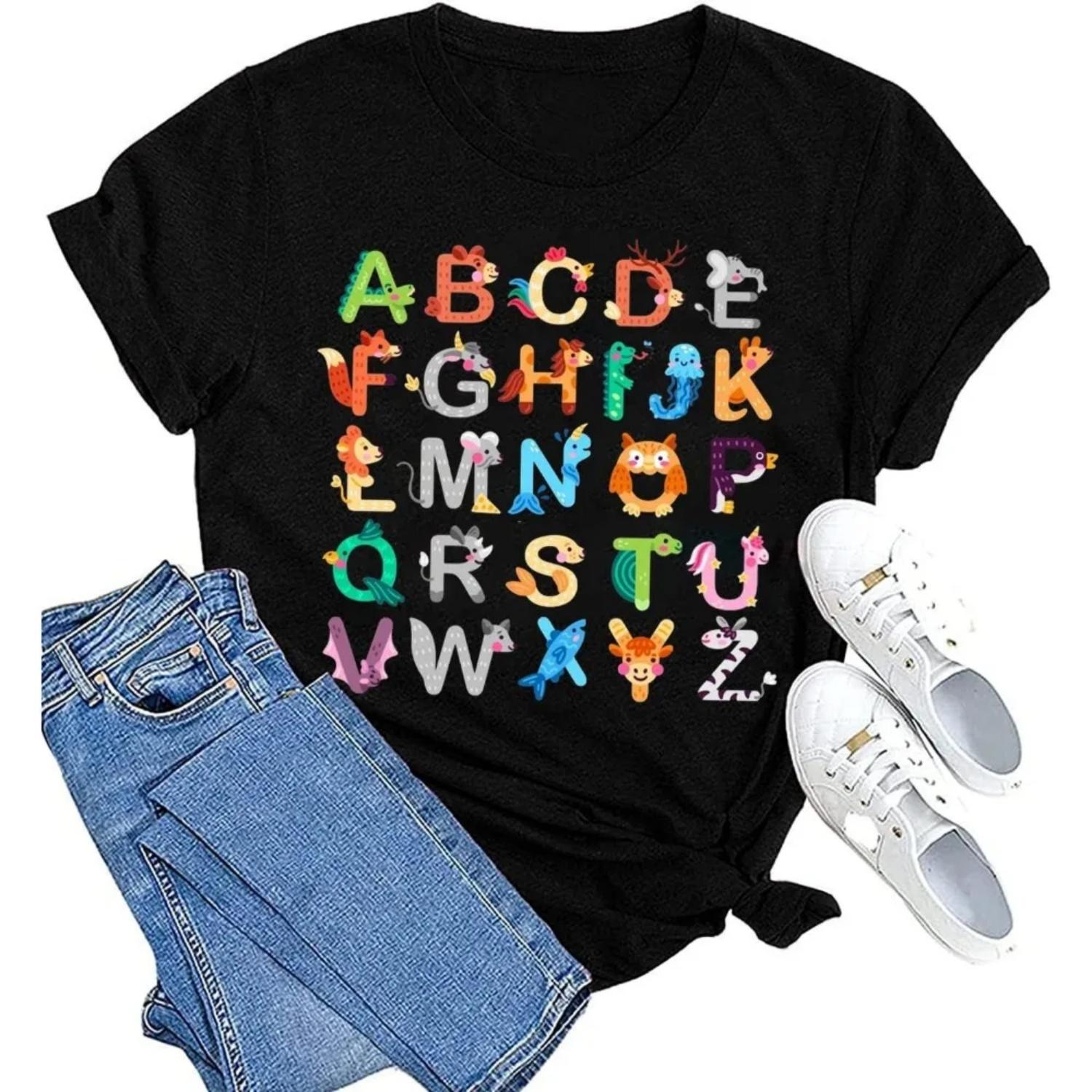 Funny ABC Animals Alphabet Graphic Tee Top Cute Kindergarten Teachers Gift T-Shirt Women Summer Crewneck Leisure Short Sleeve S чёрный