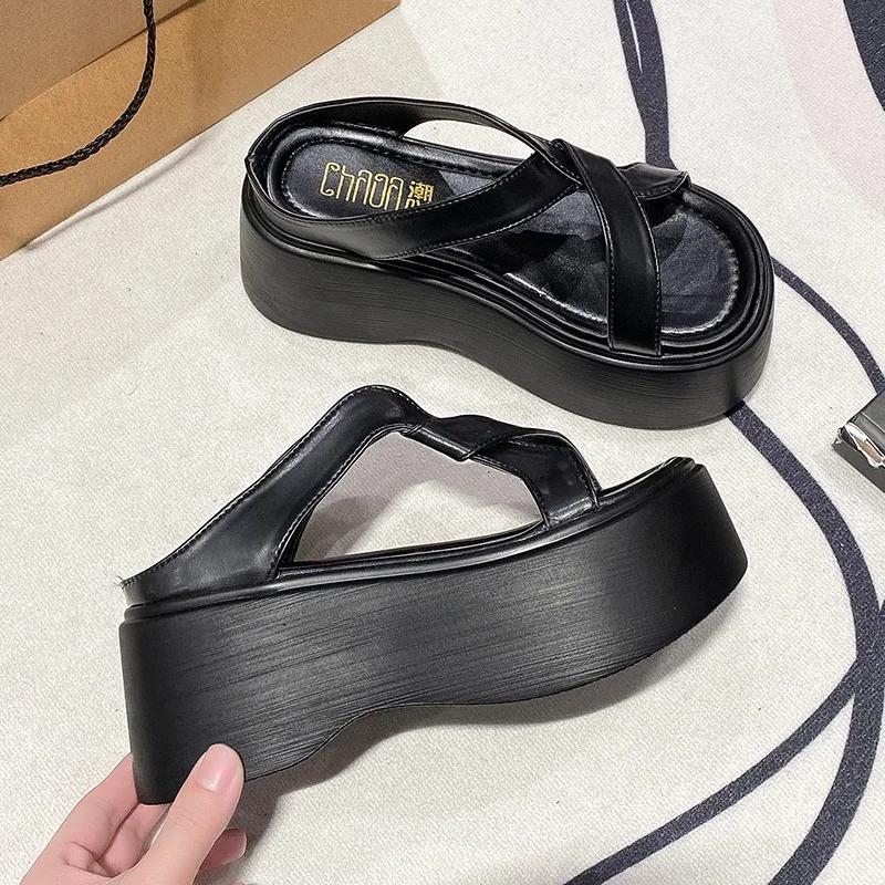 Summer Women Slippers Beach Flip-Flops Ladies Chunky Leather Shoes Wedge Heels Outside Sandals Woman High Platform Slippers 8CM