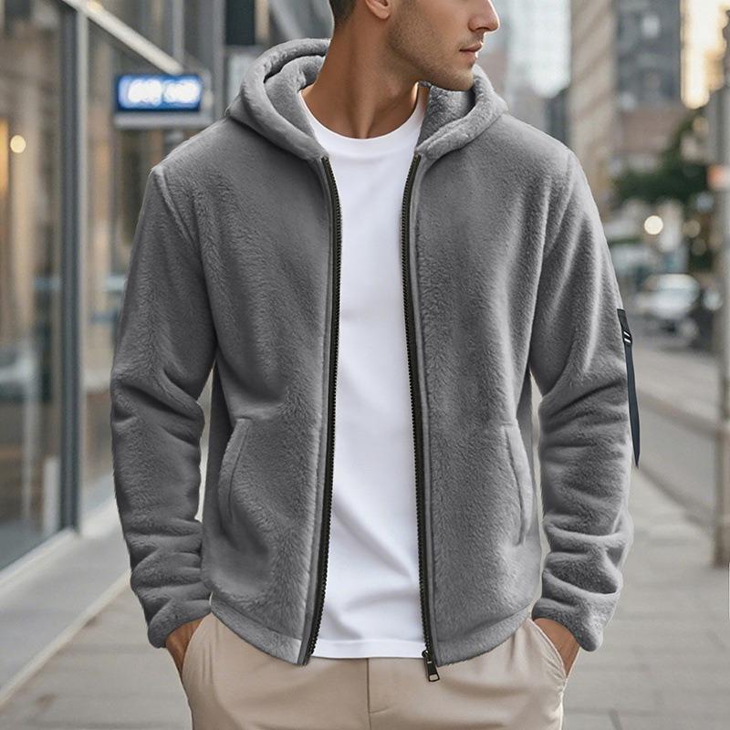 Men's Fleece Lined Hooded Zip Up Jacket Loose Casual Coat.