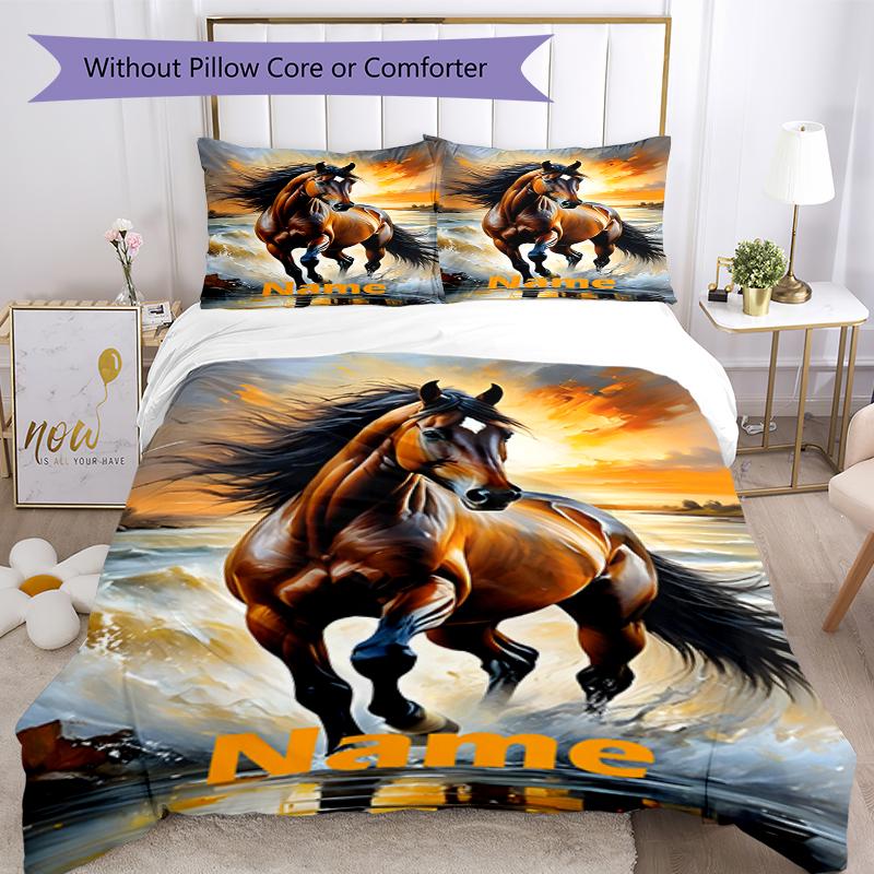 3pcs Custom Name Horse Bedding Set Duvet Cover Closure Includes 1 Duvet Cover & 2 Pillowcases, Soft and Comfortable for All Seasons.