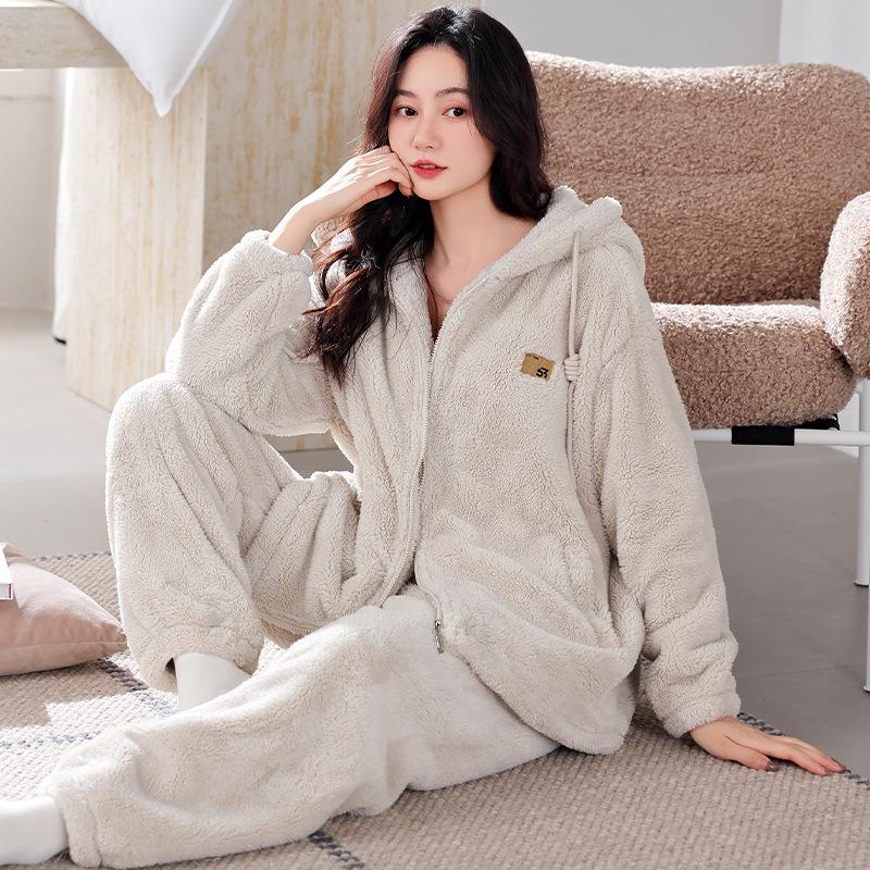 Pajamas women s winter coral fleece thickened fleece warm autumn and winter flannel can be worn outside hooded winter loungewear M recommended 40-50kg