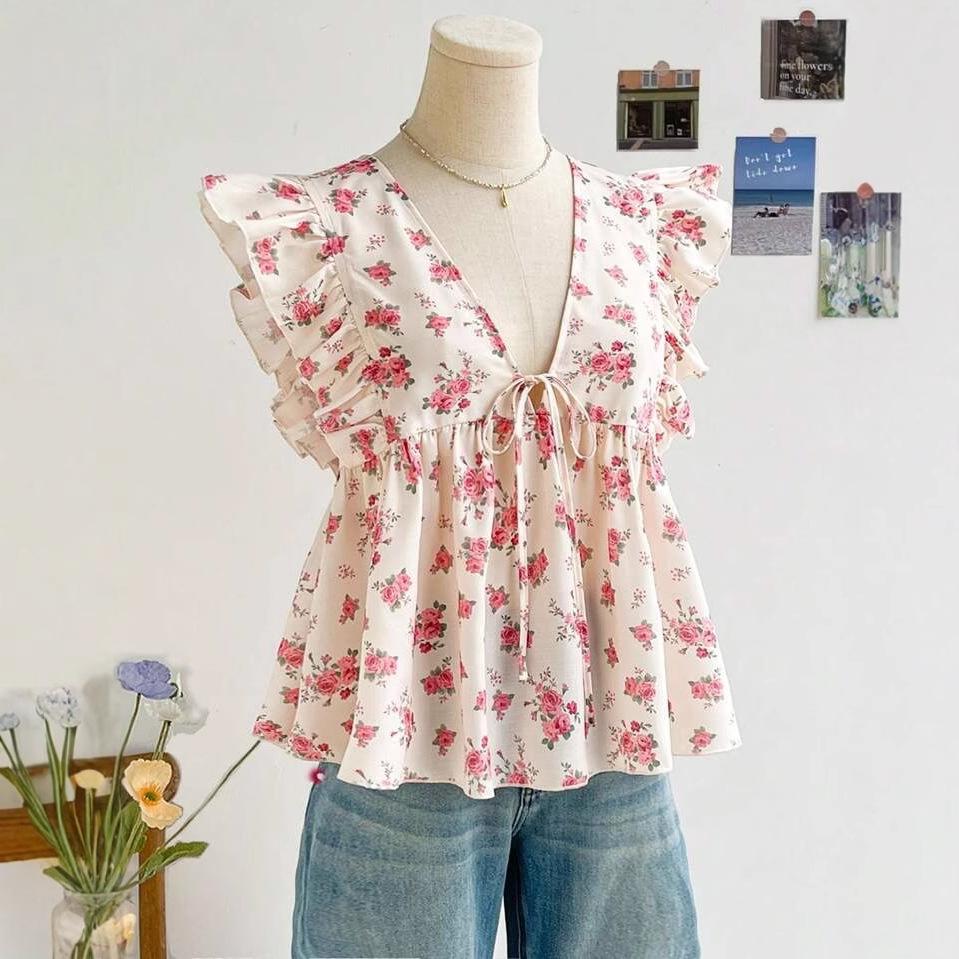 

YYFS Женская мода повседневная летняя весна цветочный узор принт без рукавов V-образный вырез блузки и рубашки XXL