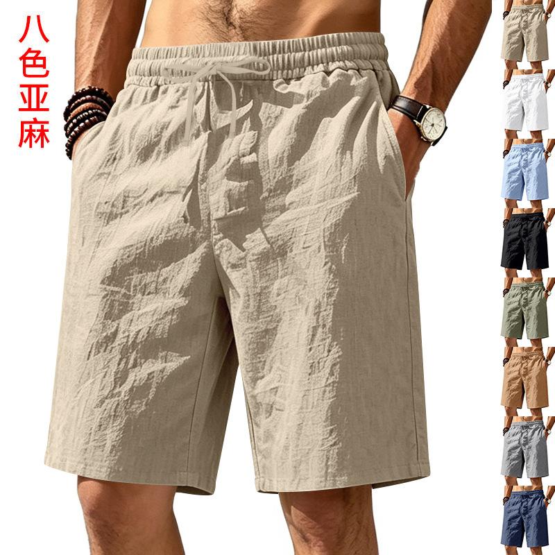 Summer Loose Linen Breathable Casual Sports Simple Solid Color Drawstring Vacation Beach Five Quarter Shorts