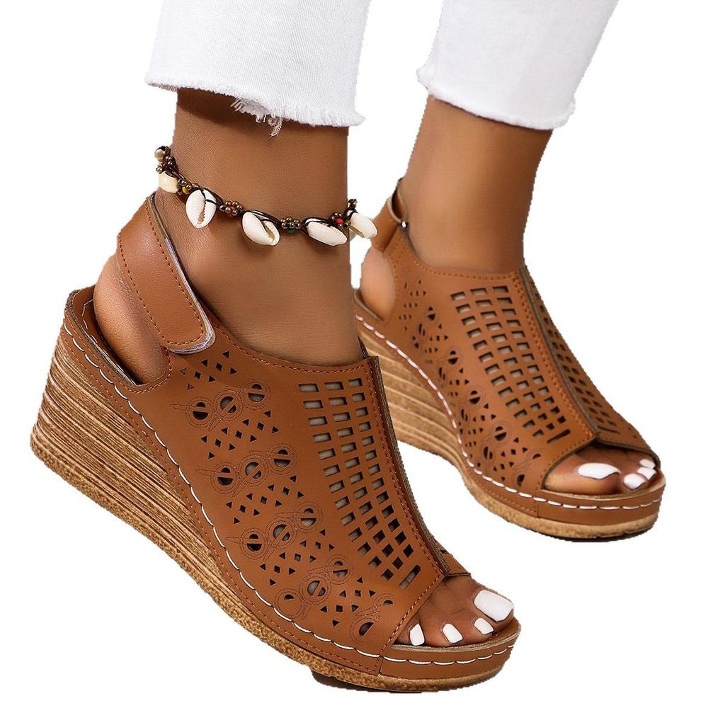 New summer hollow wedge heel women's sandals fashion and leisure word with fish mouth sandals muffin platform women's shoes