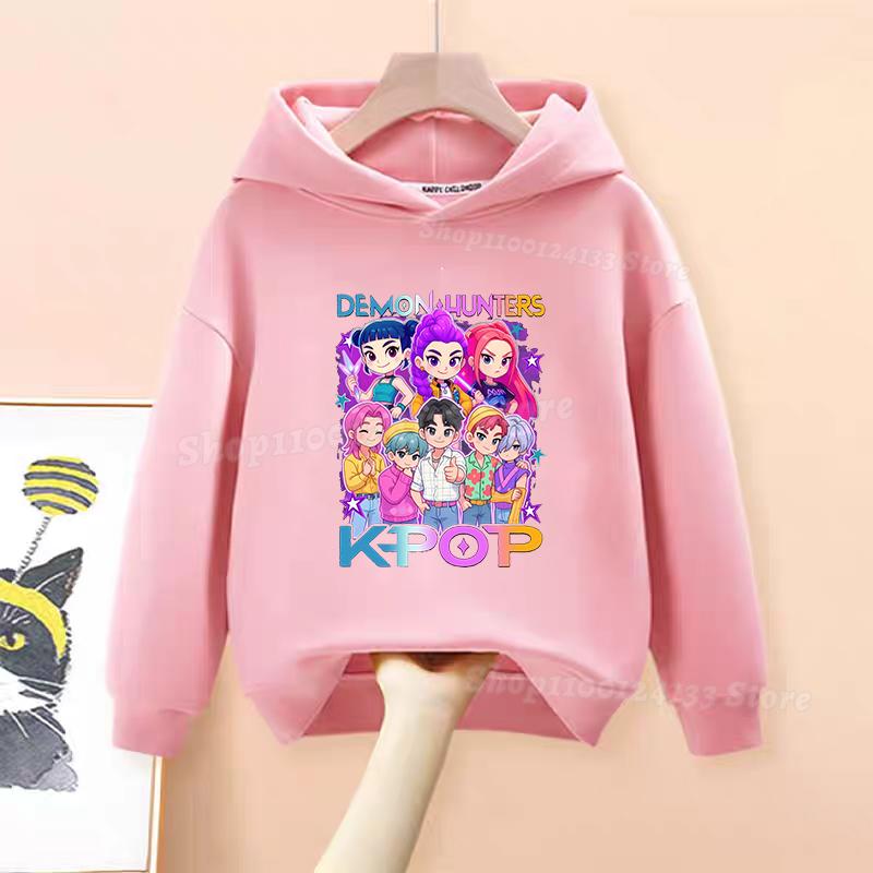 Demone Hunter Girl's Pink Hooded Streetwear Autumn Cute Anime Baby Pullover Kids Y2K Kawaii Long Sleeved T-shirt Casual Clothes