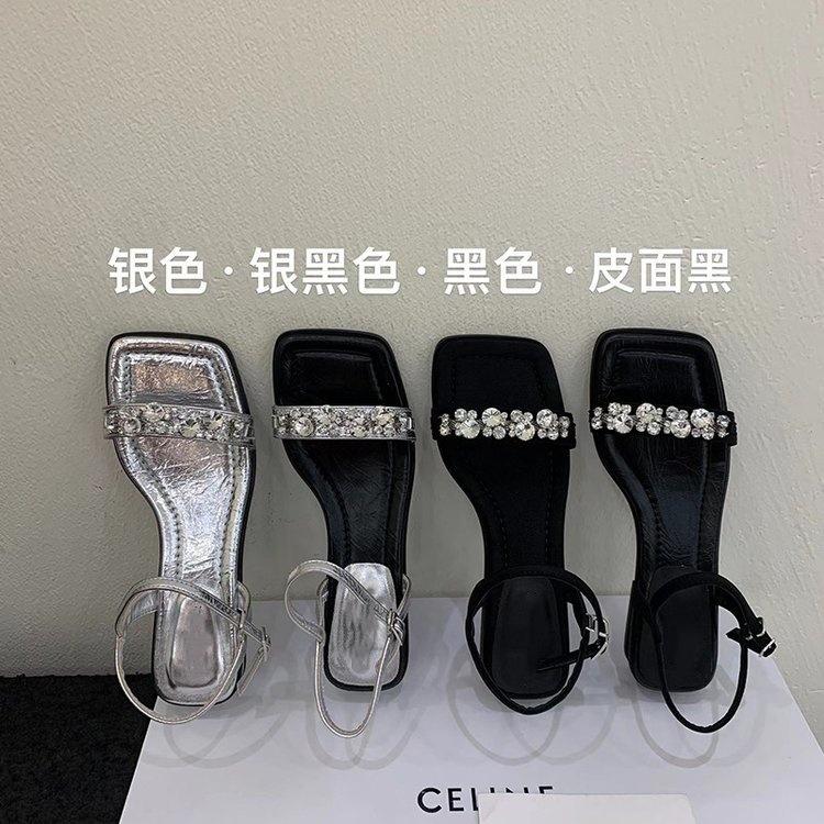 One-word Buckle with Sandals Female New Rhinestone Temperament Fairy with Skirt Thick Heel Silver Shoes