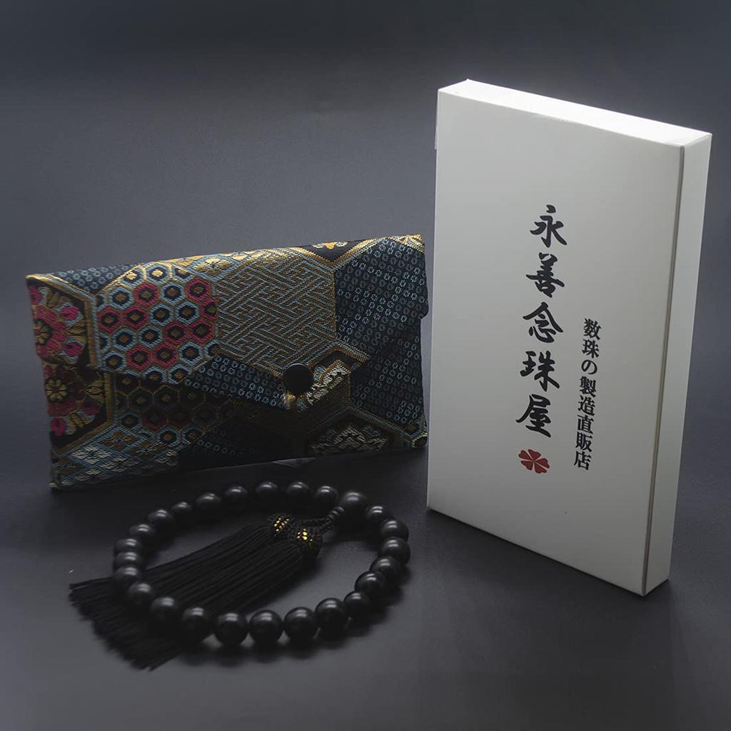 Eizen Nenjuya Men's Ebony Prayer Beads with Silk Tassel, 22 Beads, Nishijin Brocade, and Gold Brocade Bag, Perfect for Funerals, Wakes, and Informal