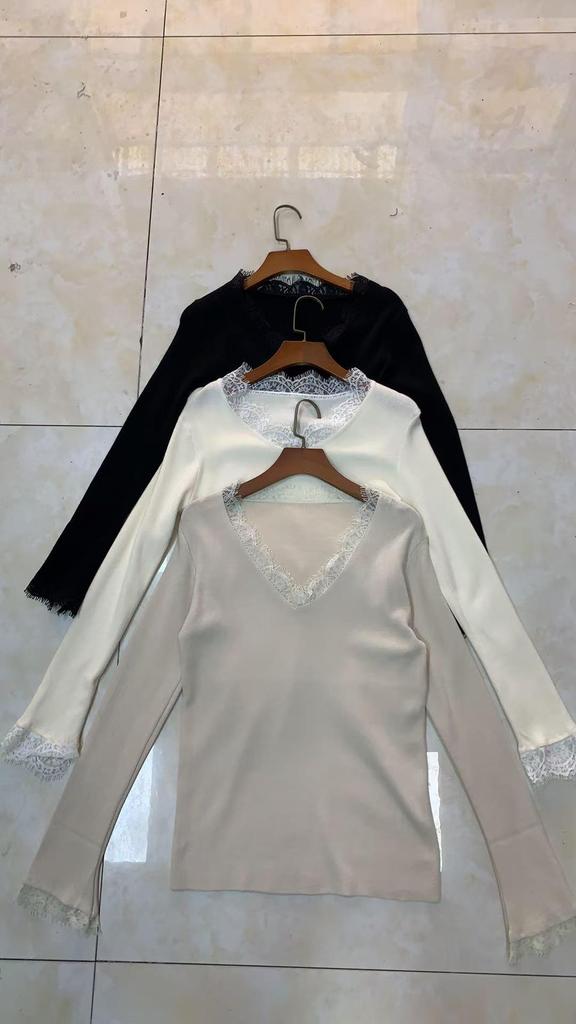 KANING Lace V-neck Long-sleeve Knit Sweater - 2025 Autumn/Winter Collection