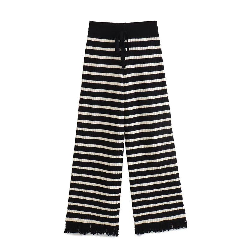 Fashion Wind New Fall Women's Clothing Stripes Contrast Color Straight-leg Fringed Burr Knitting Wool Pants 4 Colors