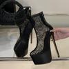 Sexy Black Mesh Back Zipper Design Brand Ankle Boots Women 16cm Super High Heel Modern Boots Fashion Nightclub Pole Dancing Shoe
