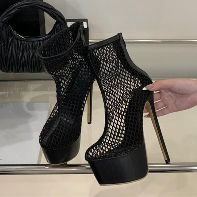 Sexy Black Mesh Back Zipper Design Brand Ankle Boots Women 16cm Super High Heel Modern Boots Fashion Nightclub Pole Dancing Shoe