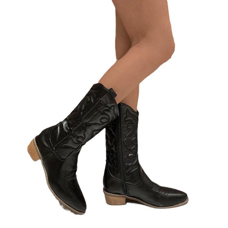 2023 Autumn European & American Women's Mid-Tube Solid Color Pointed Toe Casual Martin Boots with Thick Heels