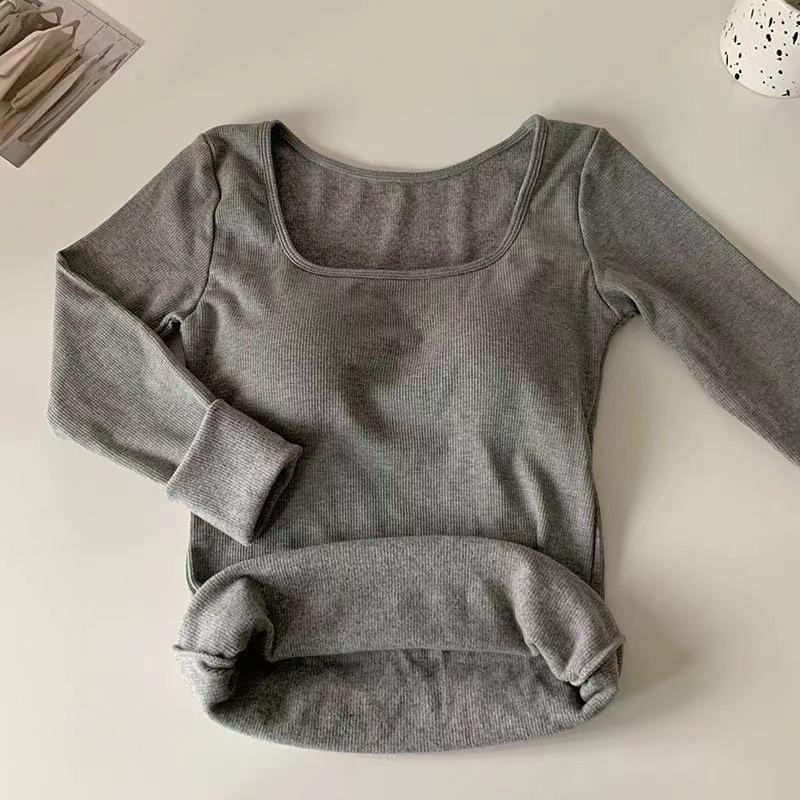 Korean Version with Chest Pad Winter Long Sleeve Woolen Warm and Fleece Thickened Square Collar Collarbone with Bottom Coat Long Sleeve Top