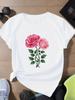 Women Tshirt Leaves Elegant Pink Roses Printed Women's Short Sleeve Round Neck T-Shirt Casual W