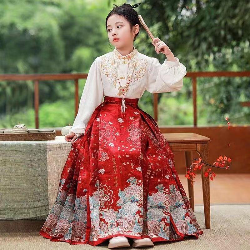 Children's Hanfu Set: Women's Mian Skirt with Embroidered Shirt, 2025 Tang Suit Style.