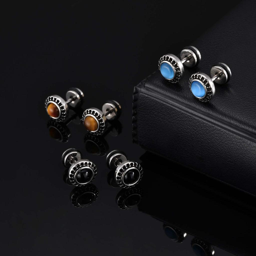 Natural Stone Studs Earrings for Men Women, Stainless Steel Hypoallergenic Small Round Earrings,Unisex Vintage Boho Jewelry Gift