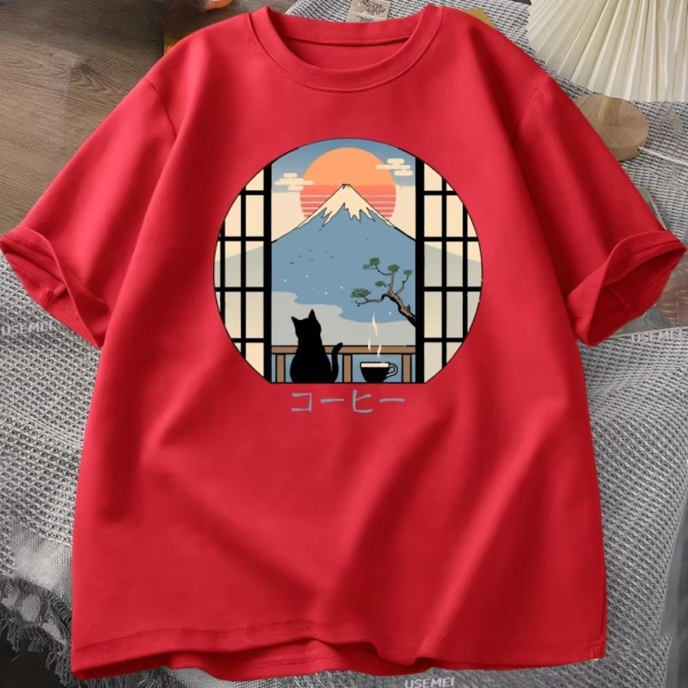 Coffee Cat Mount Fuji print TShirt men and Womens Crew Neck Short Sleeve JapaneseStyle Printed Loose Top