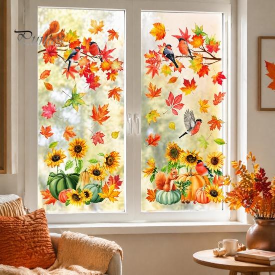Removable Maple Leaf Clings Autumn Harvest Window Decals, Sunflower Pumpkin Bird Static Cling Stickers, Classroom Fall Theme Displays Reusable
