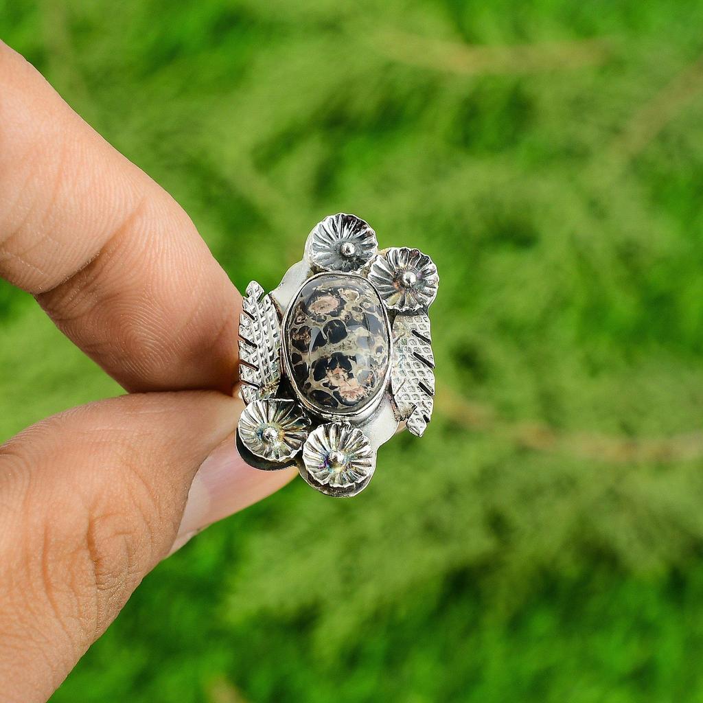 Natural Leopardskin Jasper Promise Flower Adjustable Ring 925 Silver