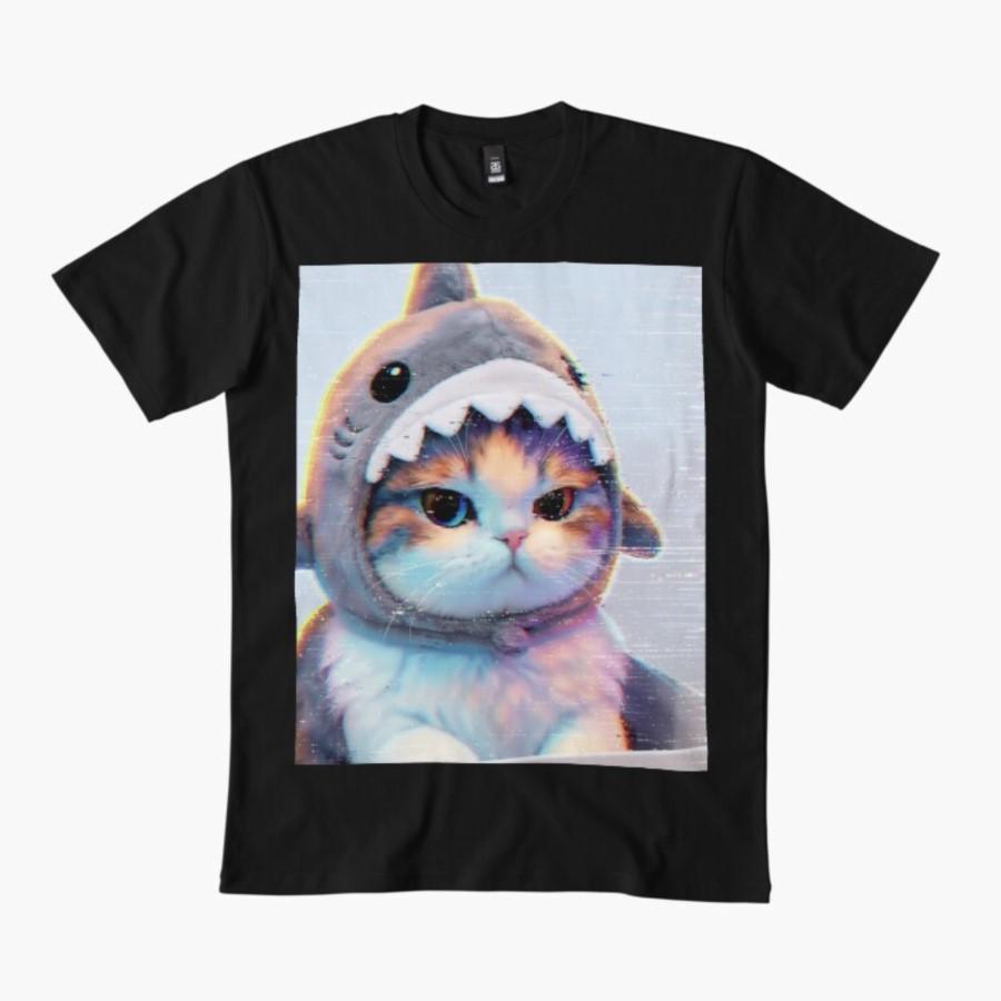 Cute Cat In Shark Costume T-shirt For Men Women 100% Cotton T Shirts Short Sleeve Tops 1112-4