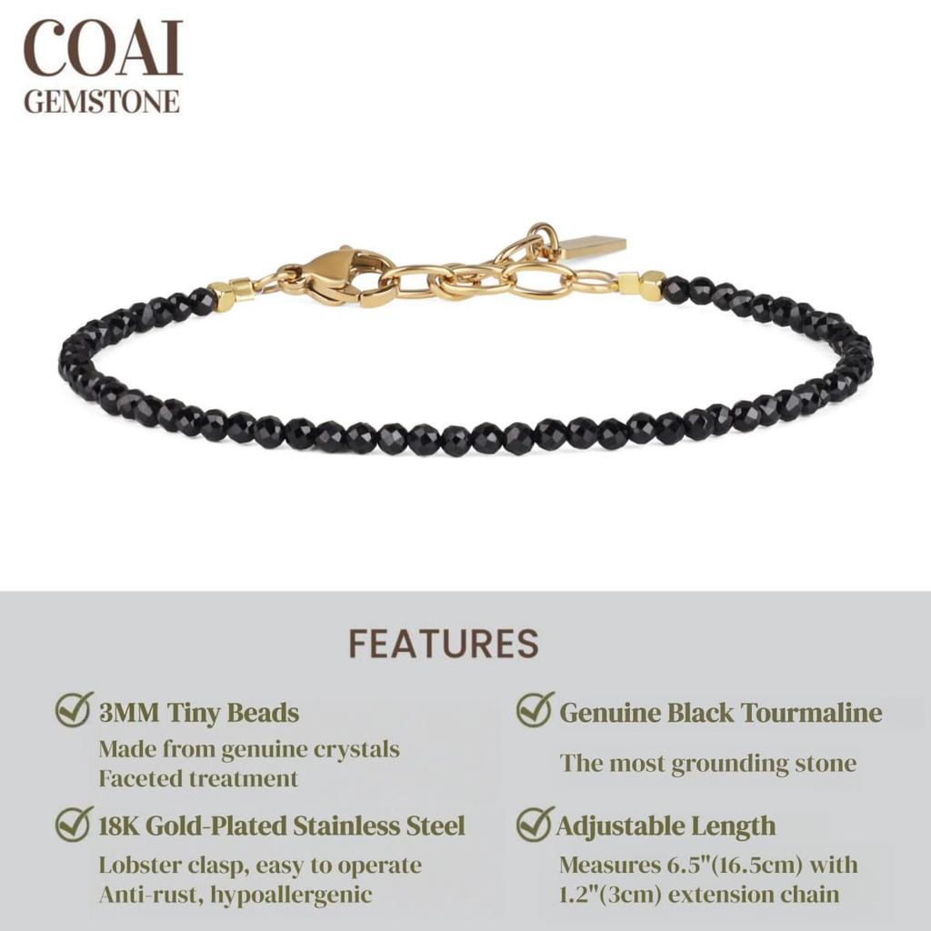 Pulseira Koai 3mm Turmalina Negra Pedra de Outubro para Mulheres