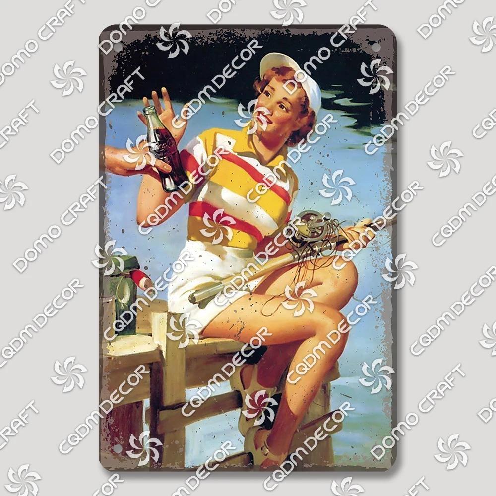 Vintage Znak Metalowy Blaszany Dziewczyny Wędkujące Retro Kobieta z Psami Dekoracja Ścienna dla Klubu Wędkarskiego Dom Wiejski