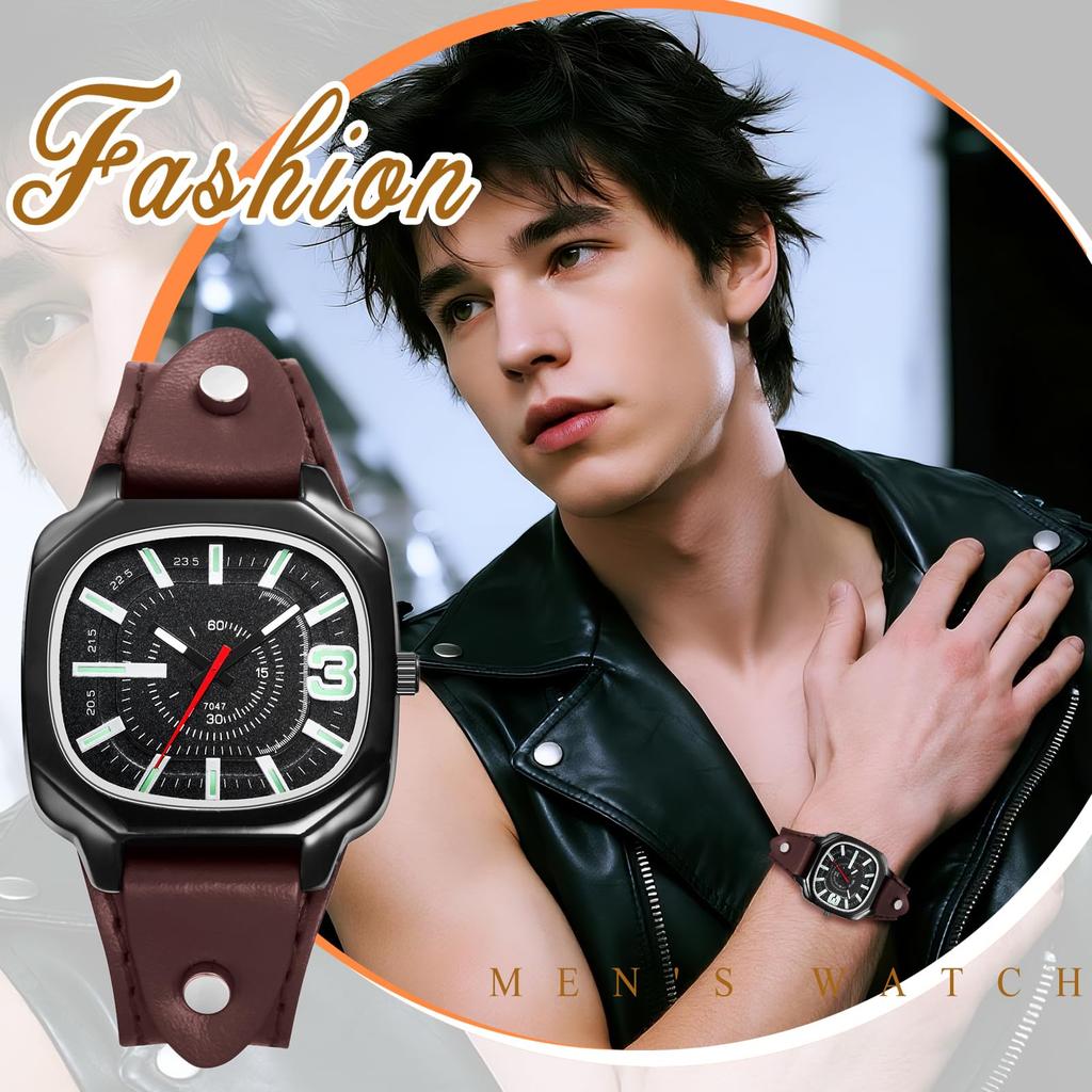 Square Watch with Genuine Leather Strap and Luminous Analog Large Quartz Watch with Adjustable Unisex Perfect Gift for or Any Men's Display Retro,