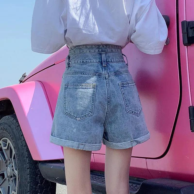 Two-pin Buckle Super High Waist Denim Shorts for Women Summer New Slim Korean Wide-leg Curly A-line Pants