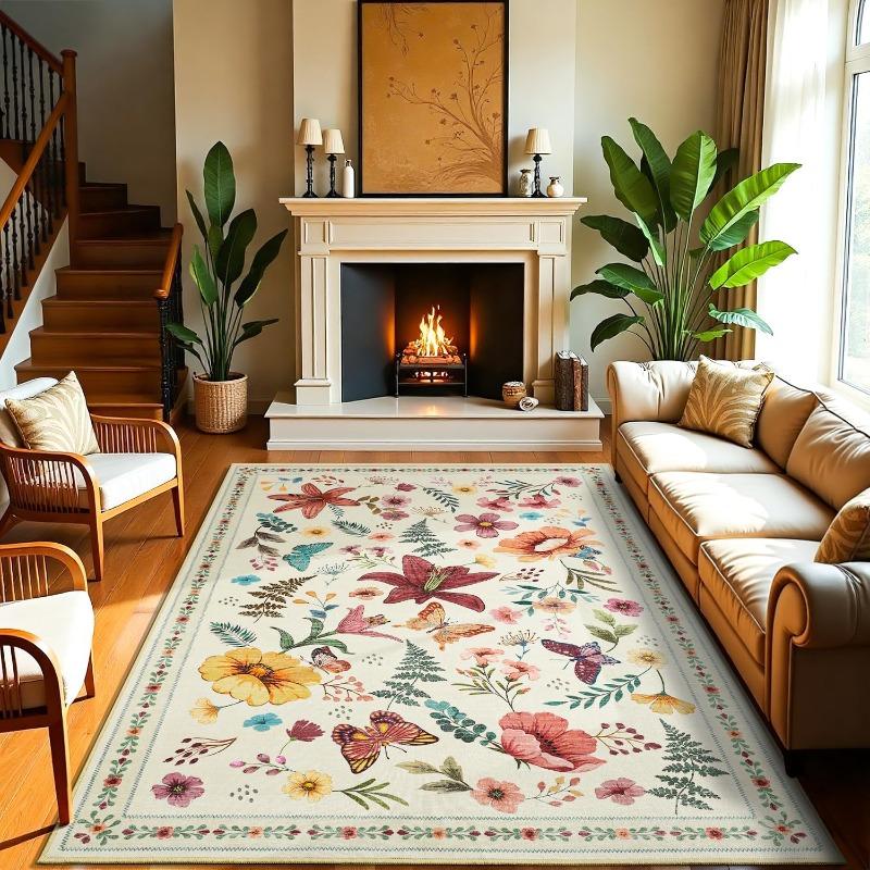 Carpet for Living Room Vintage Floral Nonslip Sofa Coffee Table Floor Mat Bedroom Bedside Rug Machine Washable Entrance Doormat