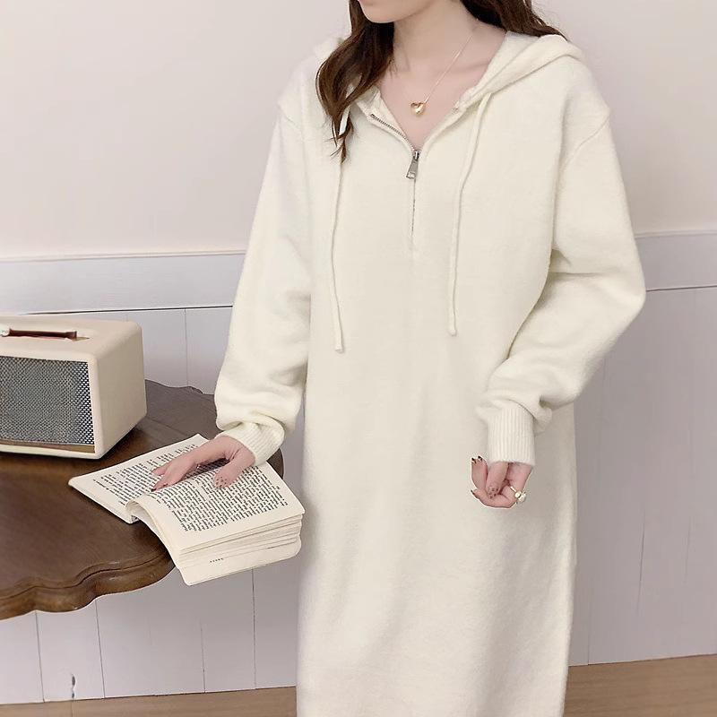 Hooded Sweater Knitted Skirt Autumn and Winter New Simple Loose Zipper Solid Color Knee Dress Sweater