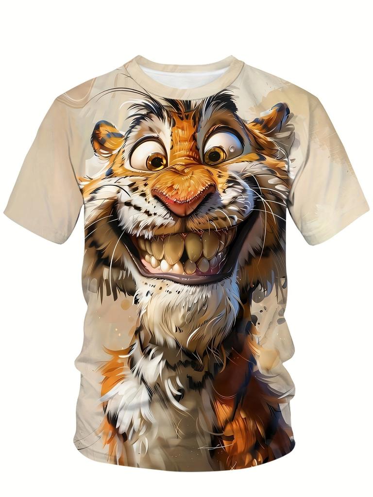 Herren 3D Tiger bedrucktes Kurzarm Rundhals T-Shirt Atmungsaktiv Stretch Lässig Mode T-Shirt Outdoor Party Wochenendbekleidung Tops