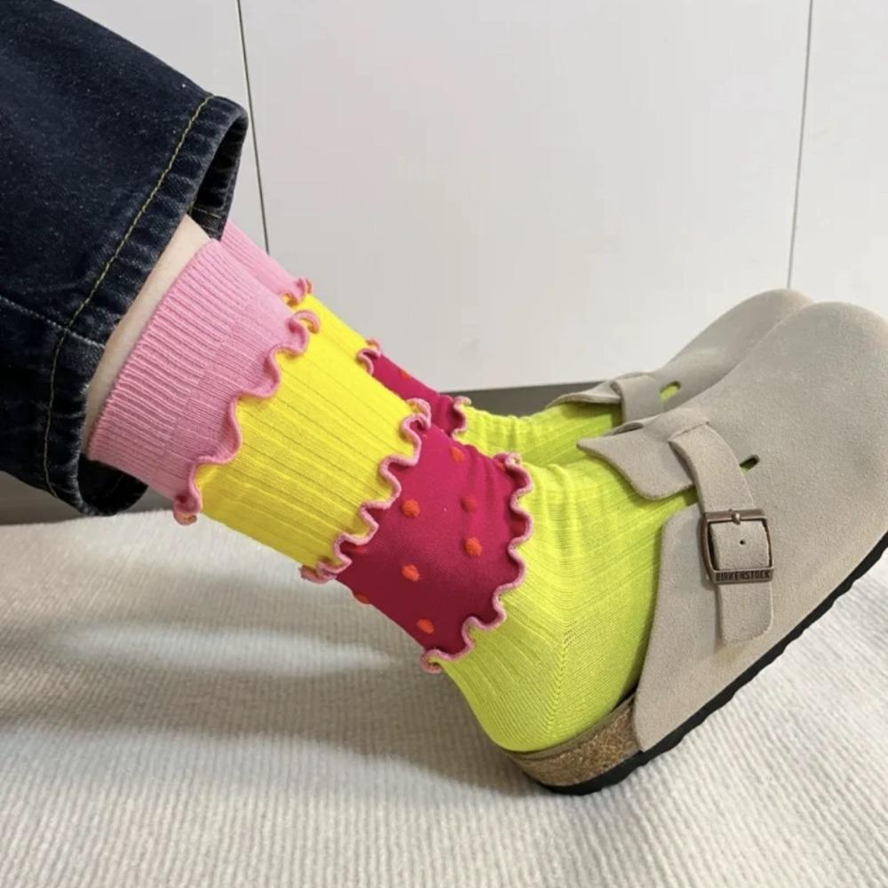 

Patchwork Women s Ruffle Socks Cartoon Candy Color Mid Tube Socks Kawaii School Style B