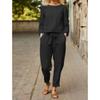 Fall Style Casual Hemp Two-piece Loose Waist Tie Fashion Color Long-sleeved Sports Suit for Women