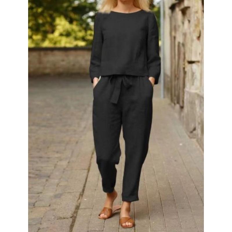 Fall Style Casual Hemp Two-piece Loose Waist Tie Fashion Color Long-sleeved Sports Suit for Women