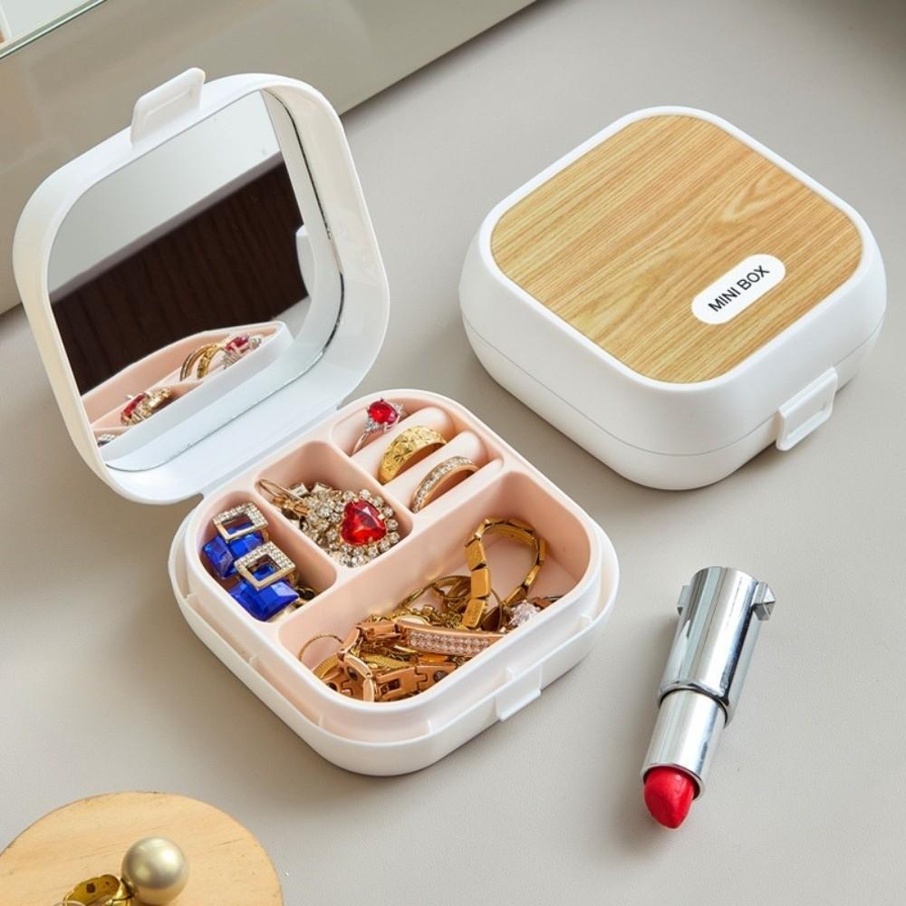 Portable Jewelry Box with Compartment Box with Mirror Small Desktop Organizer Makeup