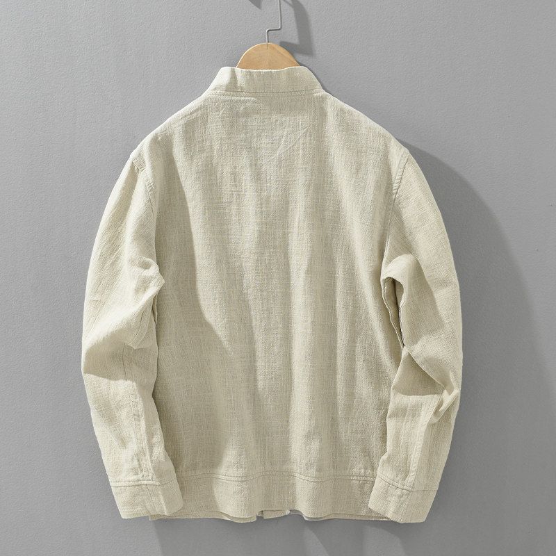 Vintage Cotton-Linen Casual Jacket for Men, Spring and Autumn, Loose Fit, Chinese Style, Solid Color, Breathable Ramie Stand Collar Coat