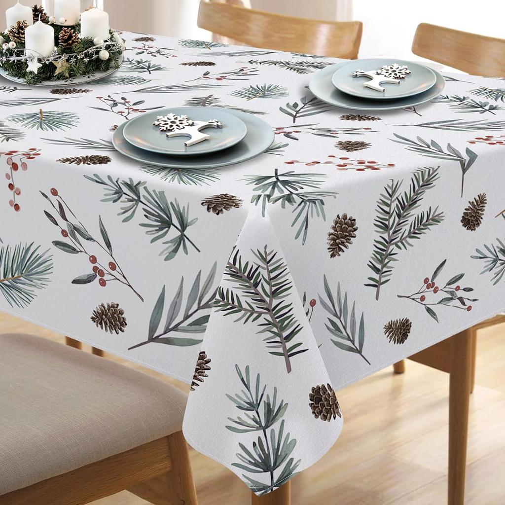 Christmas Pine Needle Holly Waterproof Tablecloth Table Decor Winter Holiday Kitchen Dining Tablecloth Christmas Decorations