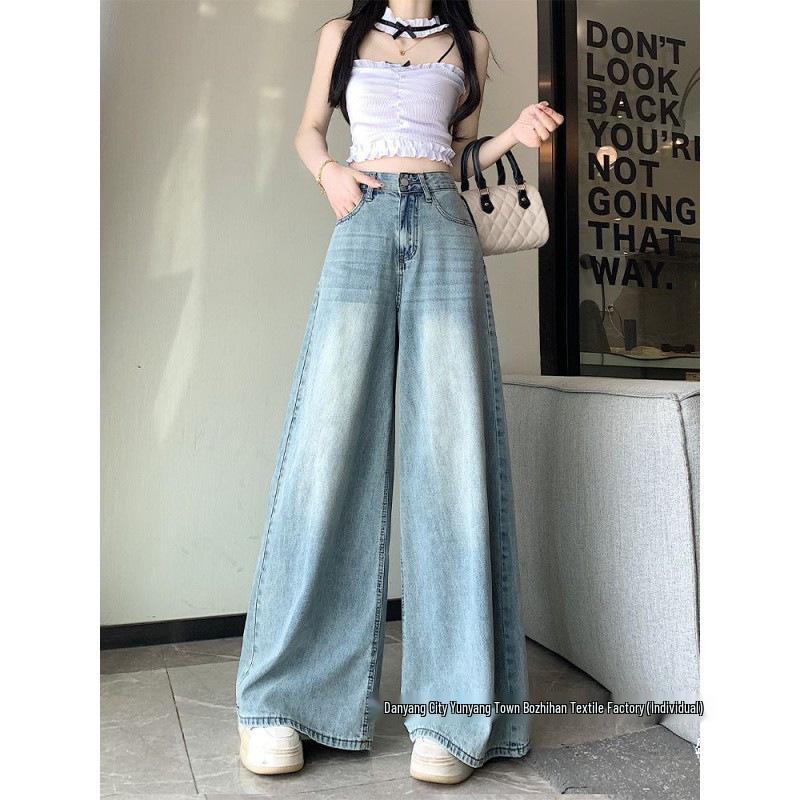 Retro Light Color High Waist Wide Leg Jeans for Women - Summer Slimming Washed Culottes