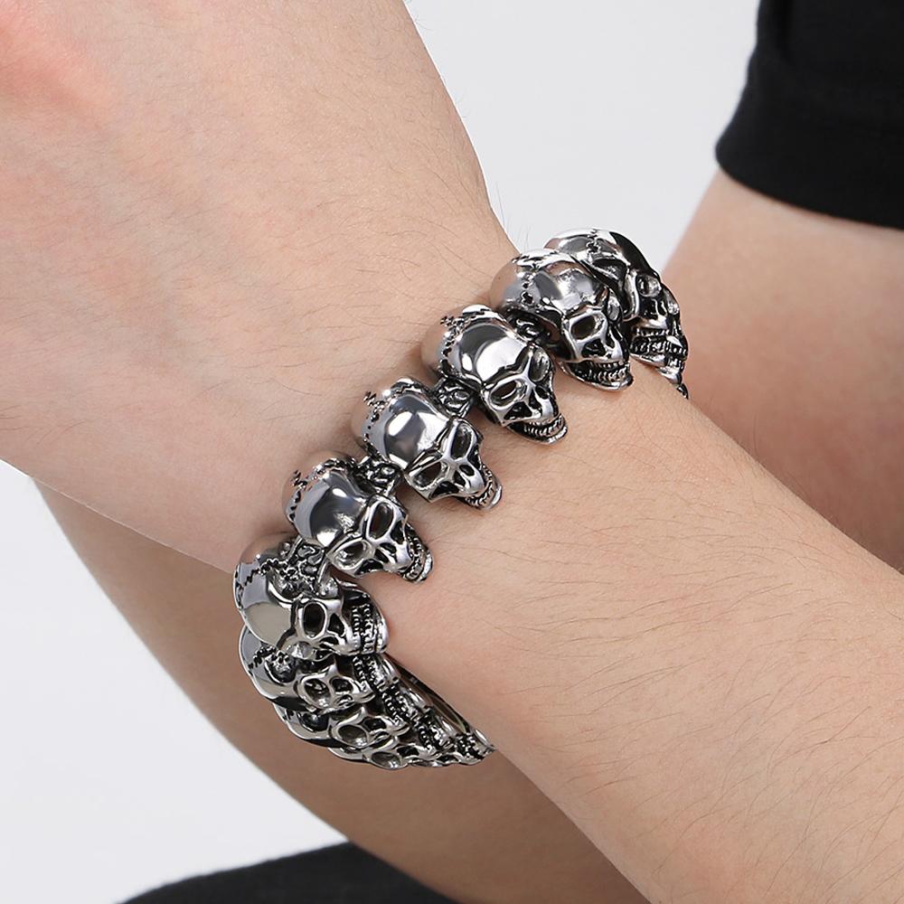 Cool Death's Head Bracelet for Men Vintage Black Old Silver Color Solid Stainless Steel Men's Bracelets Skull Chain Jewelry Male